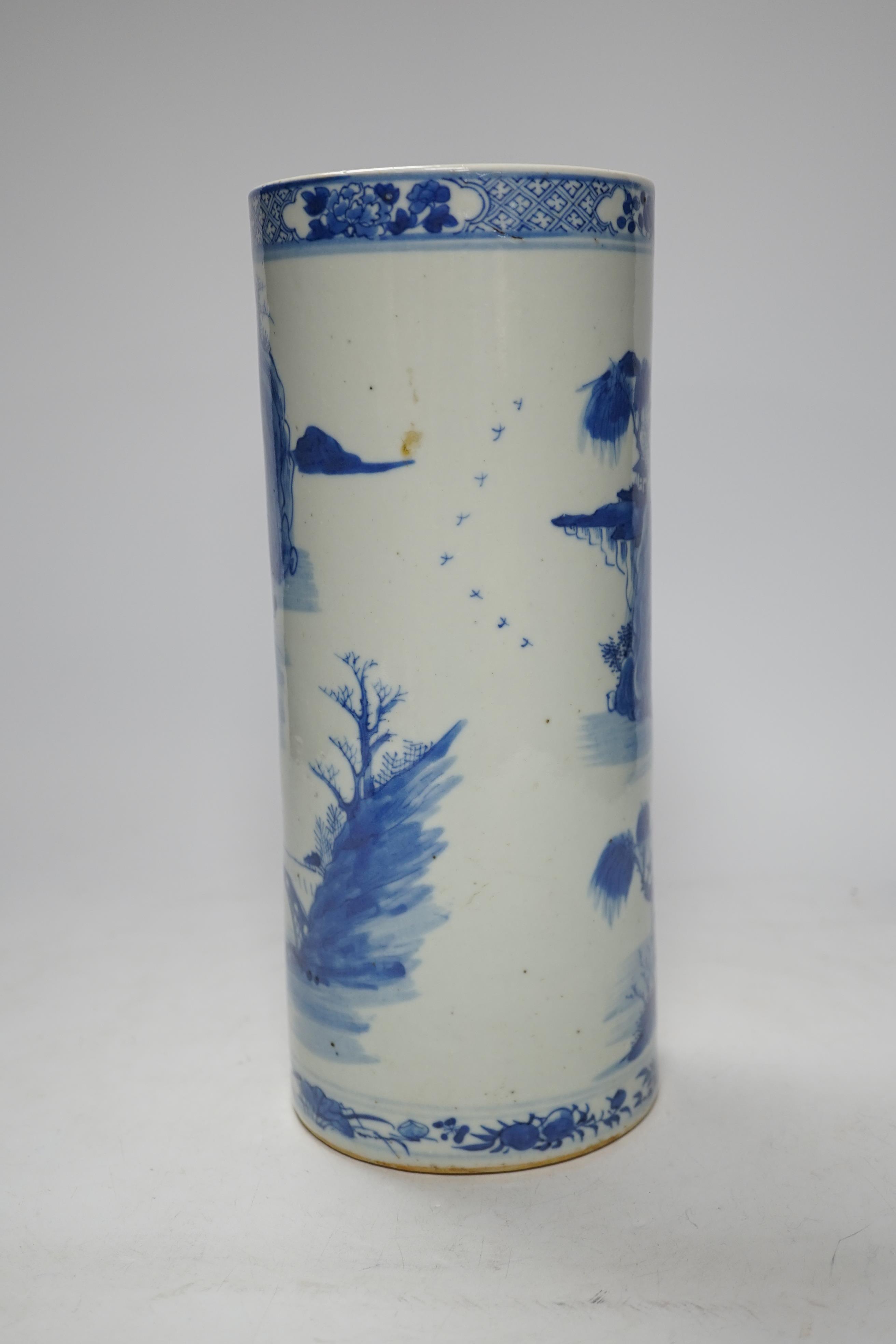 A Chinese blue and white cylindrical vase, 19th century, 28cm high